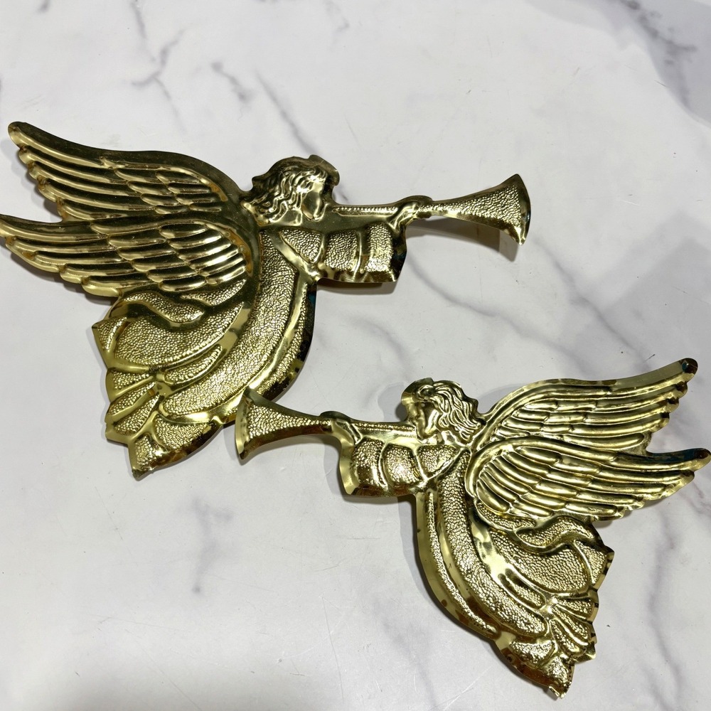 Vintage Brass Herald Angel Wall Hanging Set 2 Gold Metal Trumpet Christmas Decor